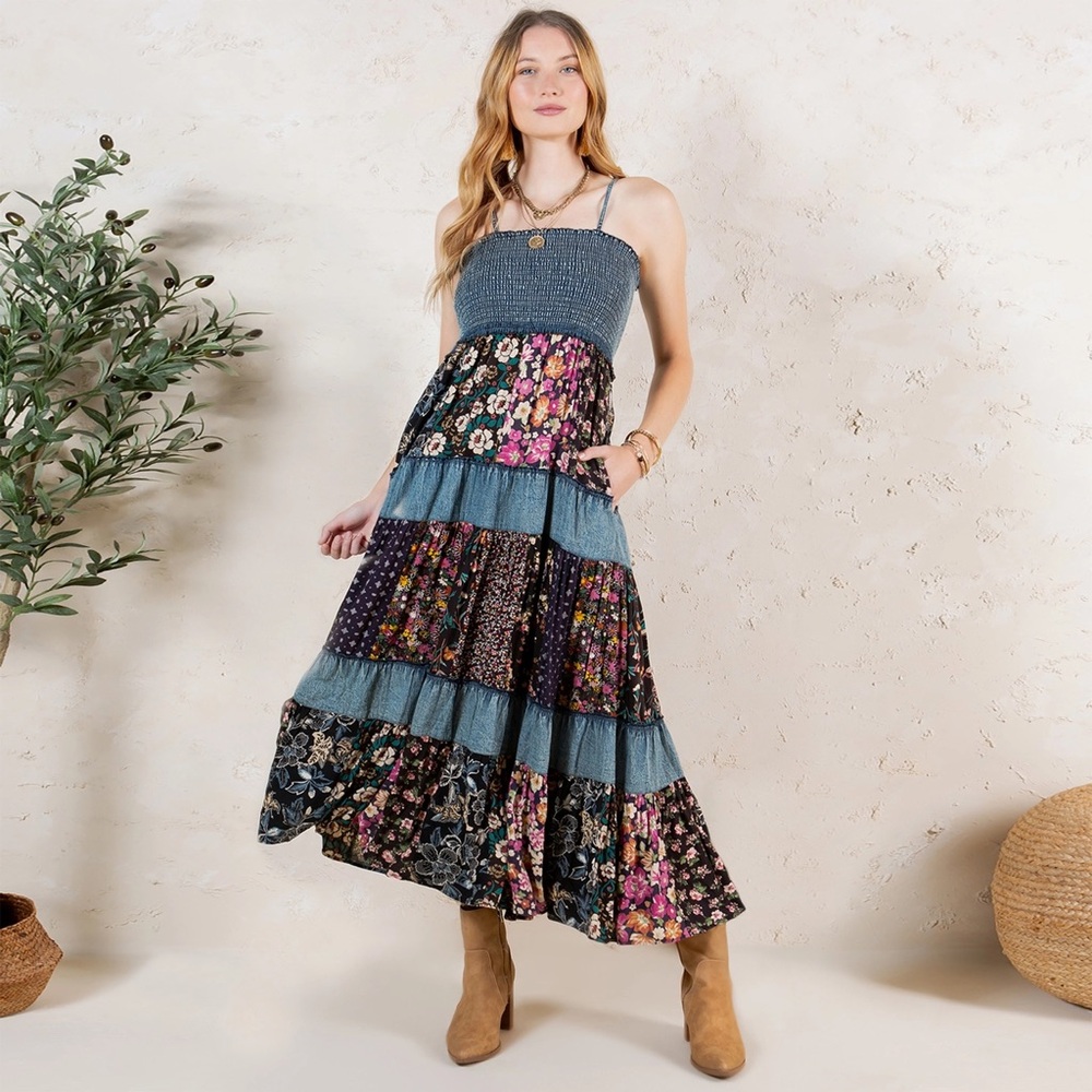 Smocked Tiered Floral Midi Dress in Teal and Black - Picture 4 of 12